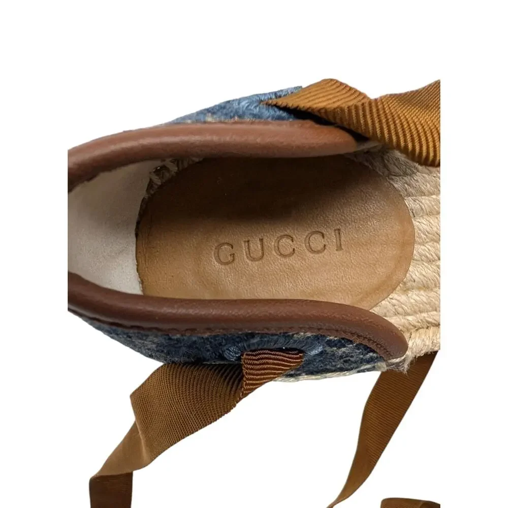 Gucci Pilar GG Monogram Denim D'Orsay Espadrille Wedge Heel Sandal Blue Tan 37